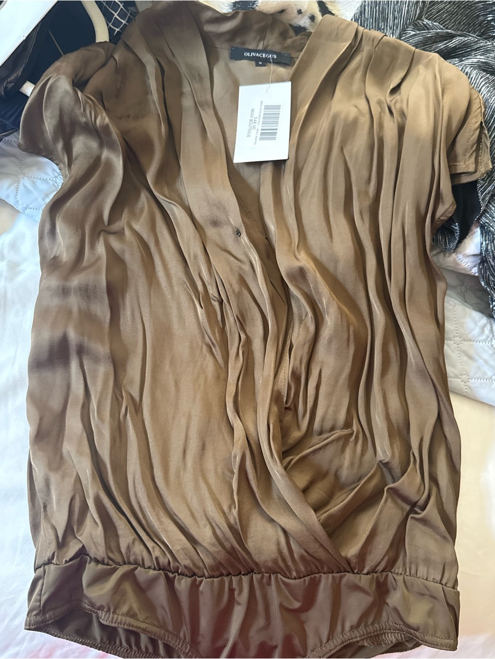 Olivaceous Satin bodysuit blouse in Warm Brown